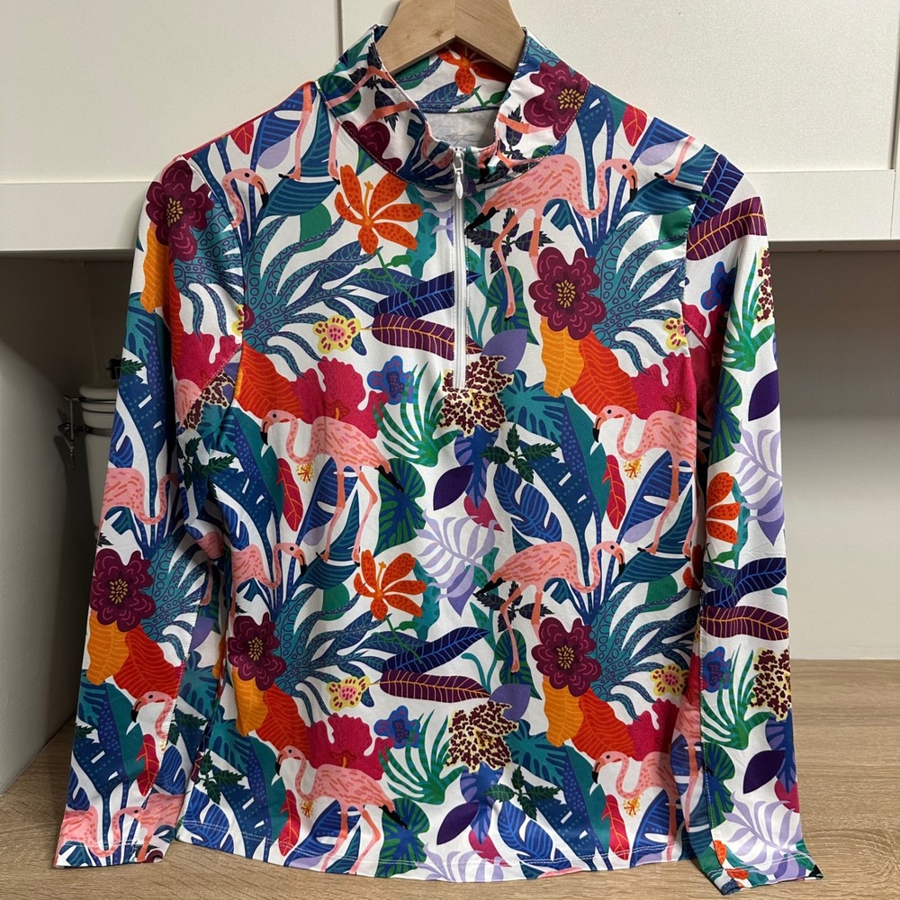 Gottex Quarter Zip Top Womens S Floral Flamingo Tropical Mesh Long Sleeve Golf